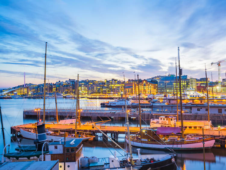 Oslo city, Oslo port with boats and yachts at twilight in Norway