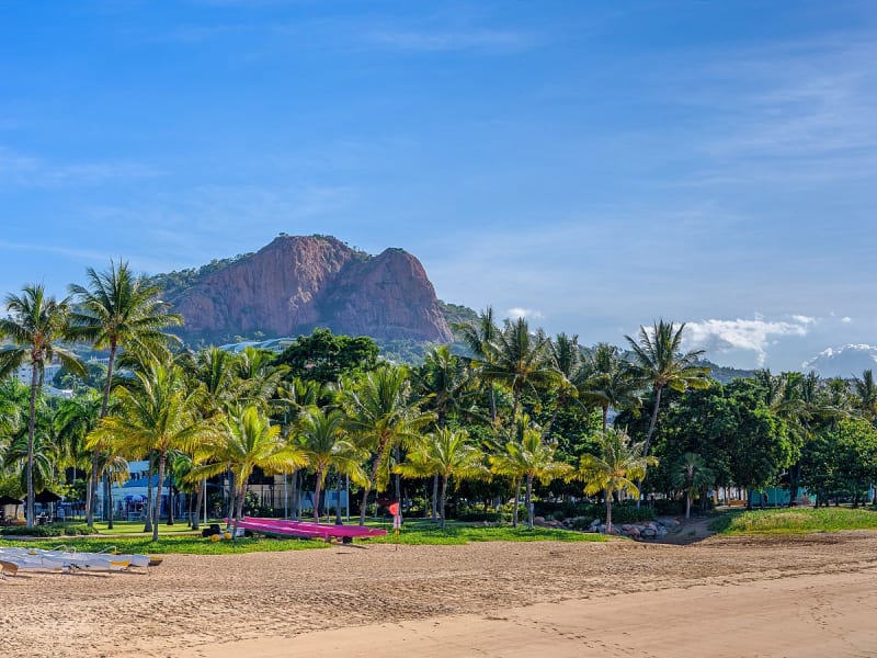 Townsville, Australien &ndash; Palmenstrand vor bewaldetem Castle Hill im Morgenlicht