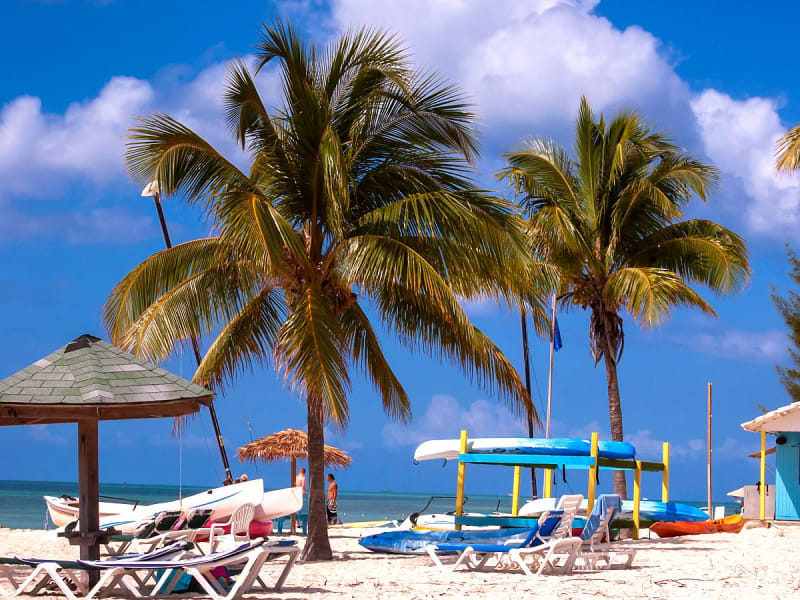 Grand Bahama, Bahamas &ndash; Palmenstrand mit Liegen, Booten und blauem Himmel