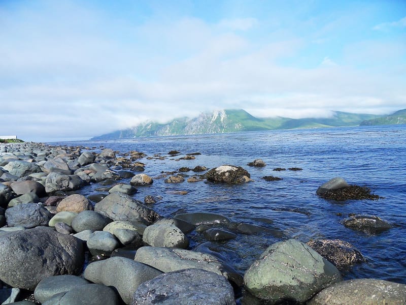 Dutch Harbor, Alaska, USA &ndash; Felsige K&uuml;ste mit gr&uuml;nen Bergen und blauem Meer