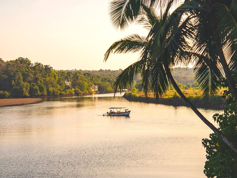 Mormugao, Goa, &Iacute;ndia &ndash; Paisagem fluvial tropical &agrave; luz do entardecer