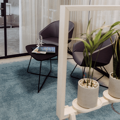 Eine kleine Sitzecke umgeben von Pflanzen