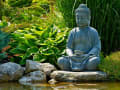 Buddha-Statue im Lotussitz vor grünen Blättern und Steinen am Teichrand