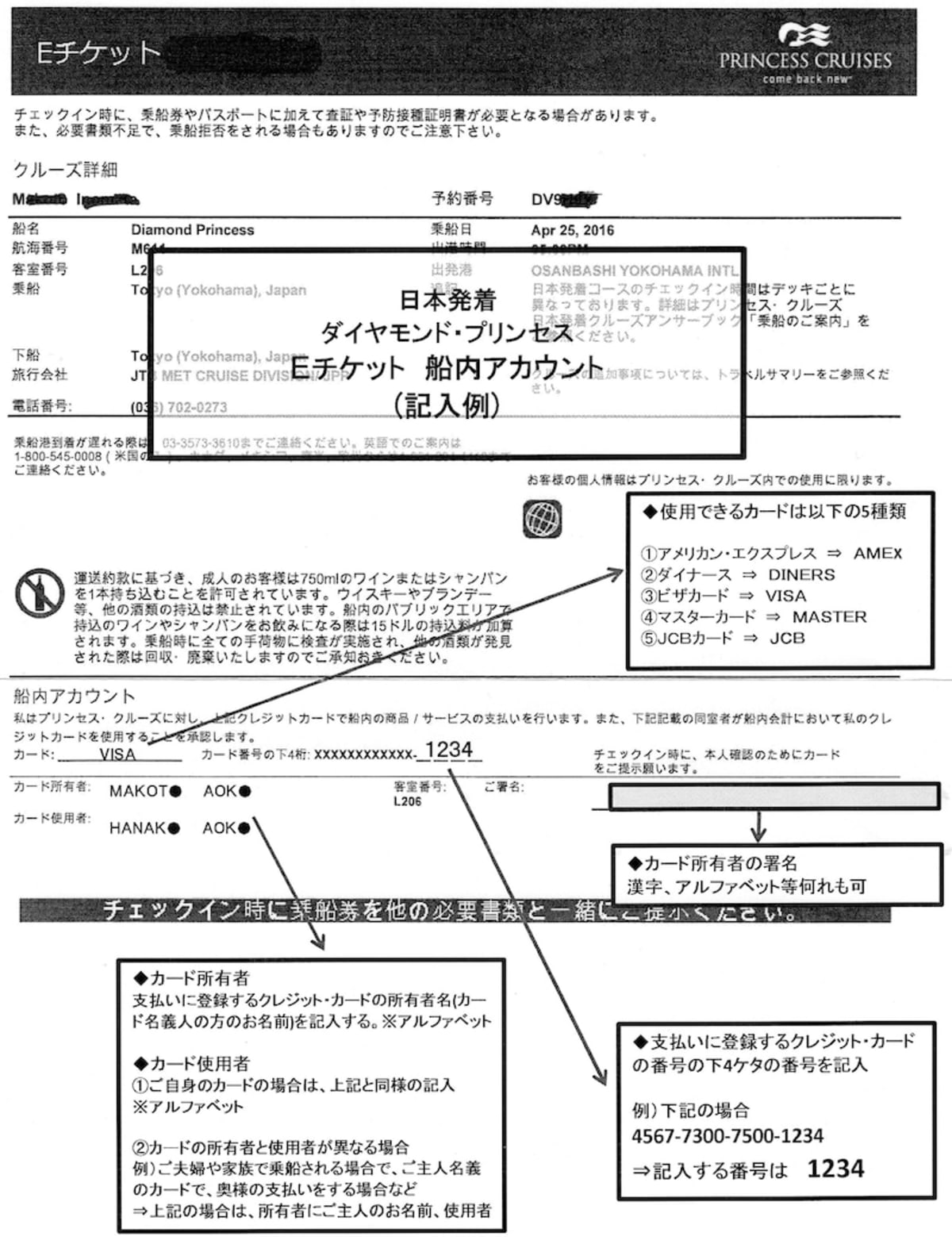 ダイヤモンドプリンセスのEチケット（乗船券）・バゲージタグ