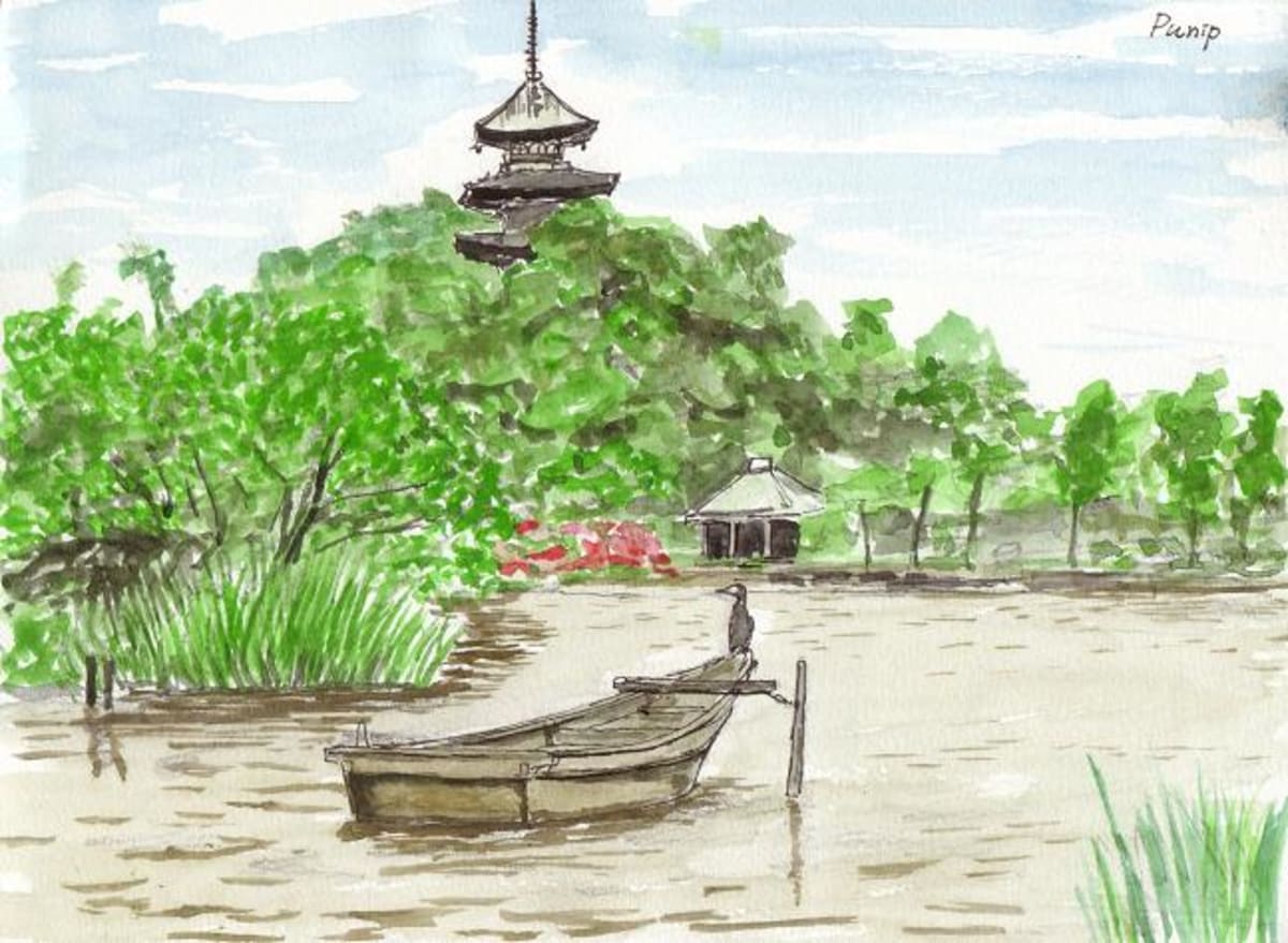 水彩原画「横浜三渓園」 春の横浜・三渓園 風景 | Cruisemans