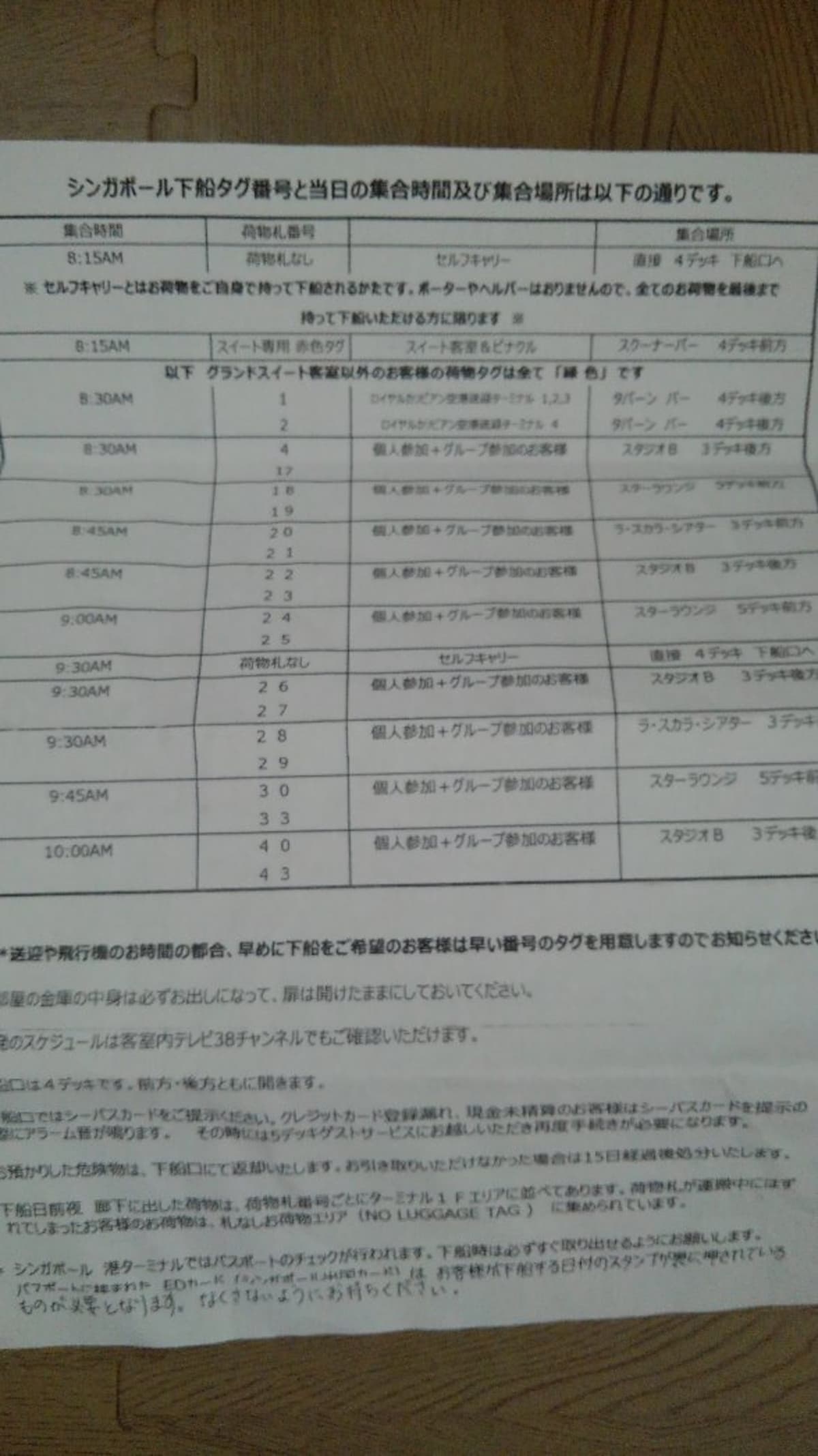 下船案内。私たちは2部屋でデッキも異なっており、下船タイミングがずれる為、フロントに言って荷物札を片方の部屋の時間にそろえて貰いました。