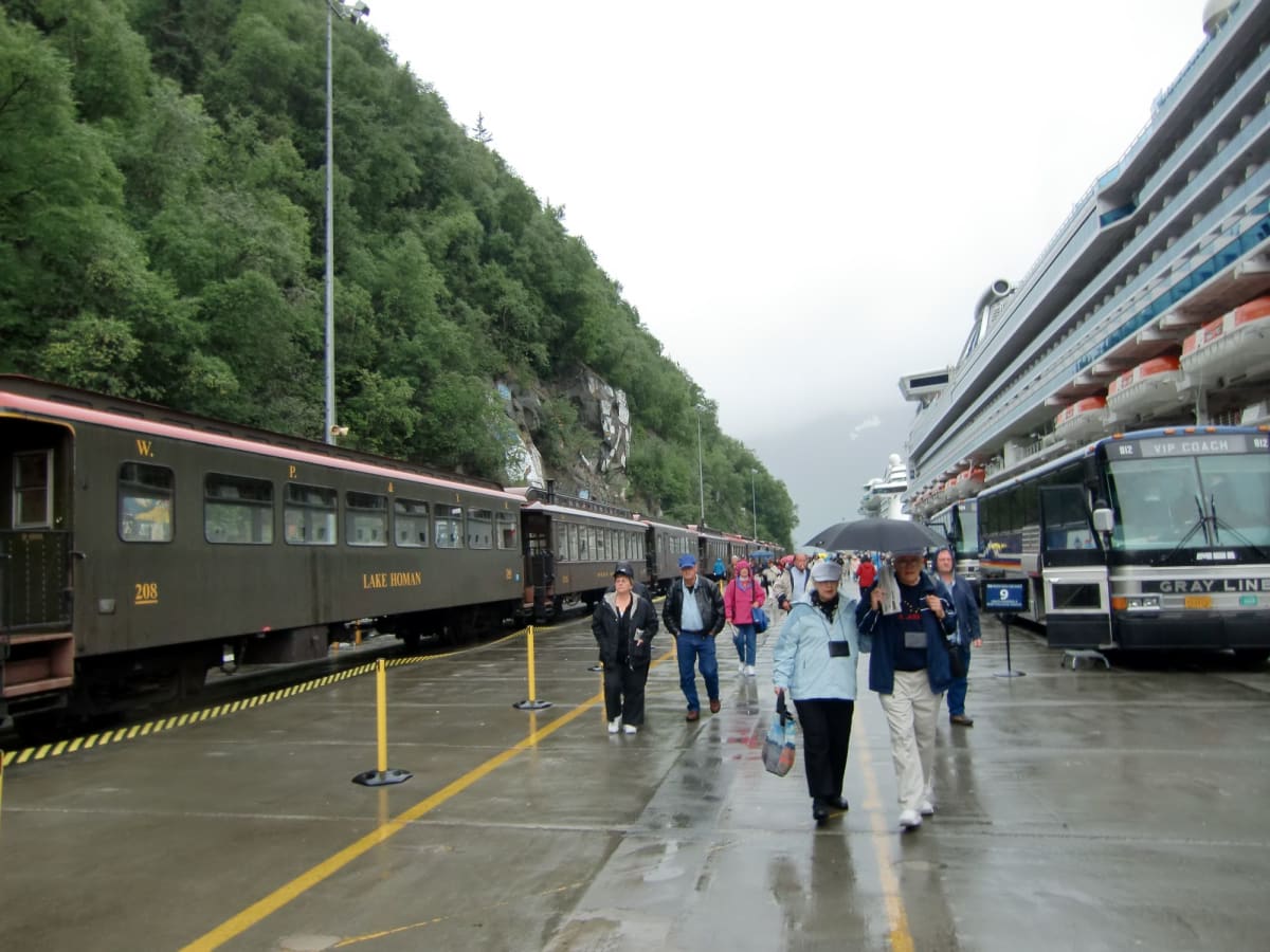 ホワイトパスユーコン鉄道
深い渓谷の中を縫うように走るアラスカ随一の景観を巡るホワイト・バス列車の旅は、海抜0m から1000m まで90分かけて、往復する。途中下車はできない。ホワイトパスでループを描き反対向けに戻ってくる。
ゴールドラッシュの最盛期1898年に建設が始まり1900-1982まで多くの人を乗せて走っていたが、鉱物価格の激しい下落によりいったんは営業を停止したが、1988年強い要望を受け観光列車として復活した。	
左が列車、右が船 | スカグウェイ（アラスカ州）での客船サファイア・プリンセス