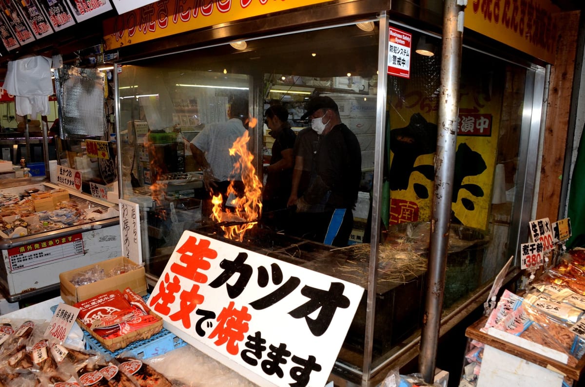 高知寄港ではシャトルバスで高知市内へ高知城､はりまや橋､ひろめ市場等散策､ひろめ市場では名物鰹の藁焼きたたきの実演 | 高知