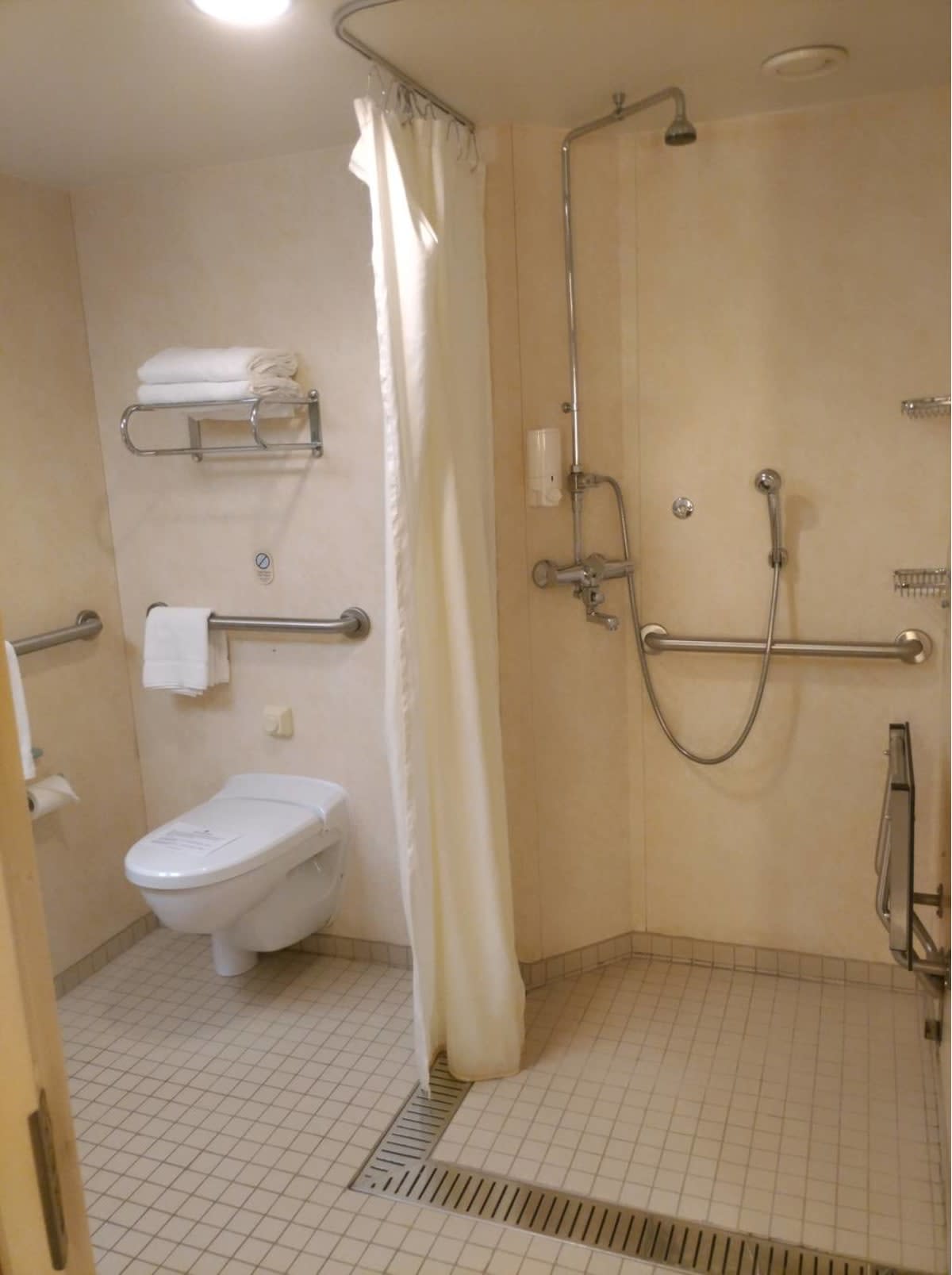 車椅子のまま入れる広さのトイレやシャワー。シャワーの右の壁に椅子が折りたたまれてます。広げると座ってシャワーが利用できます。