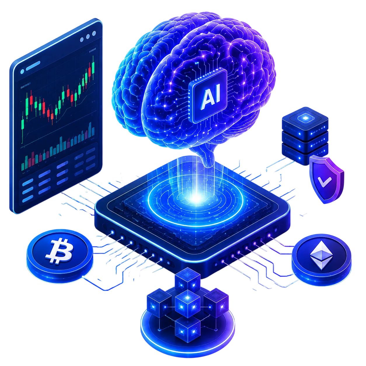 AI-powered crypto exchange development with brain, trading chart, blockchain, and security illustration