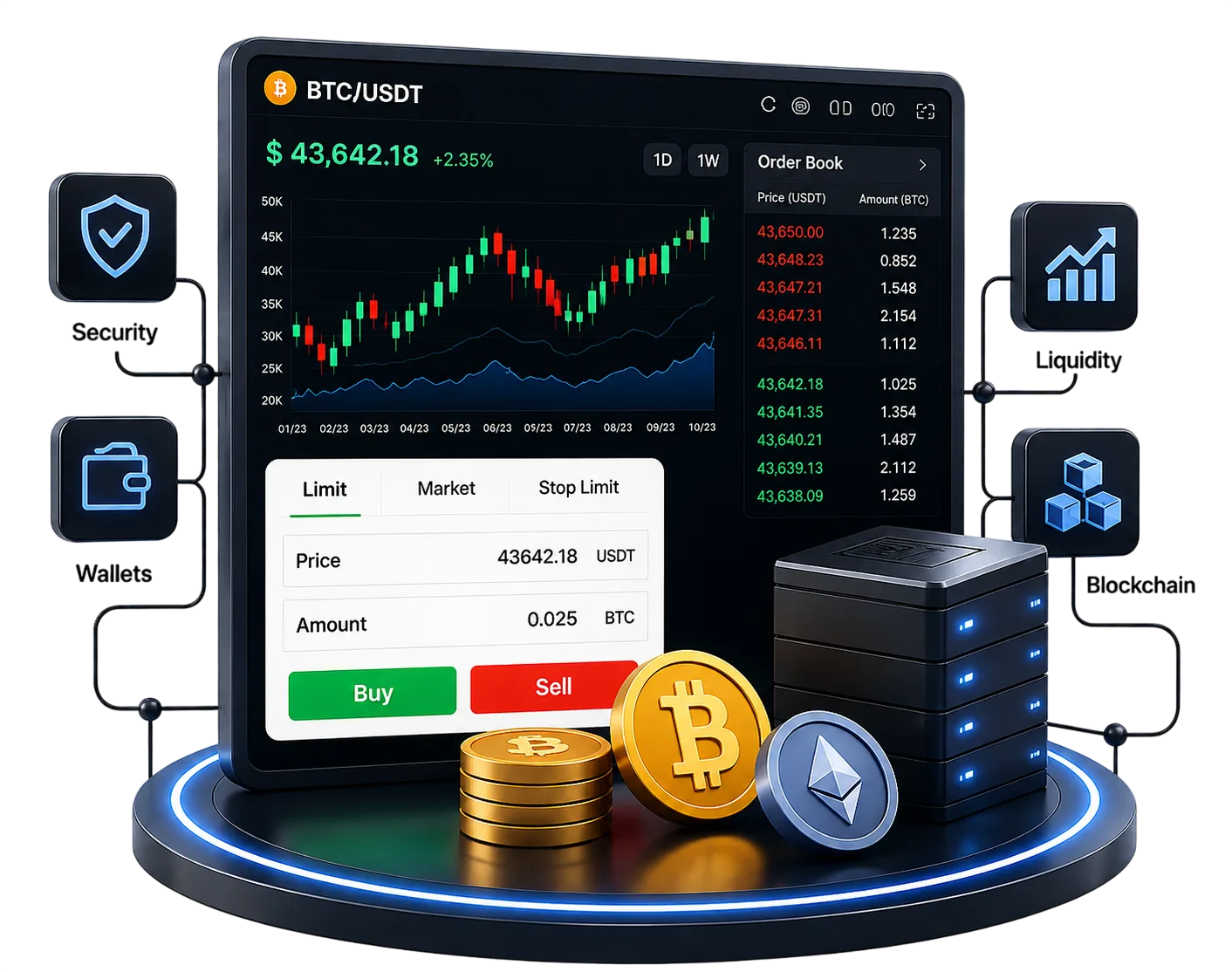 Crypto exchange trading platform with wallets, security, and blockchain integration