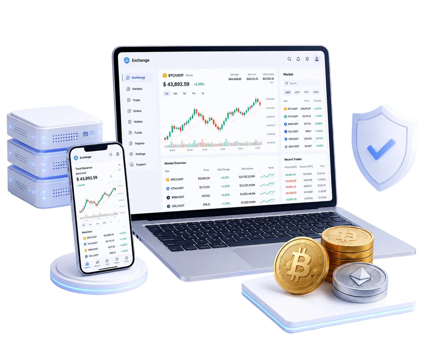Crypto exchange trading dashboard on laptop and mobile with server infrastructure, security shield, and Bitcoin and Ethereum coins