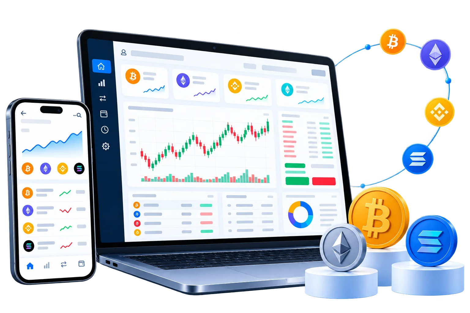 White-label crypto exchange trading dashboard on laptop and mobile connected to Bitcoin, Ethereum, BNB, and Solana