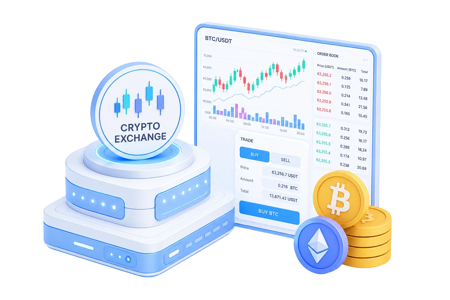 Crypto exchange liquidity hub with trading dashboard, order book, and coins