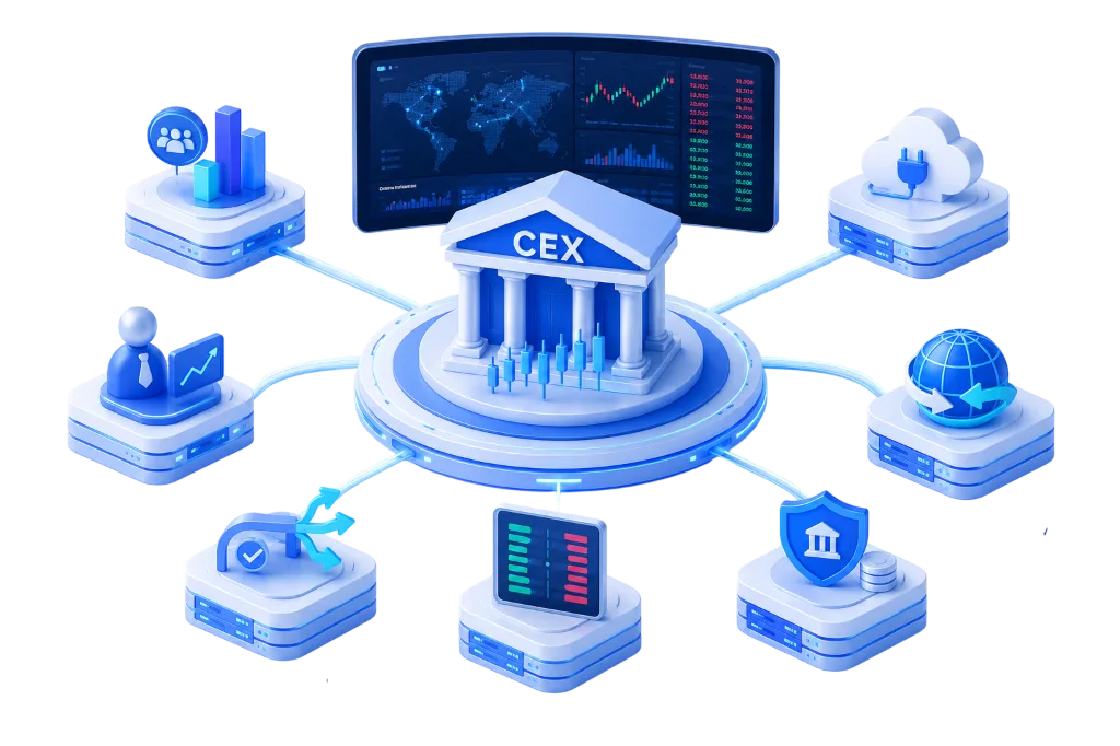 Centralized Crypto exchange liquidity hub with trading dashboard, order book, bank, and nodes
