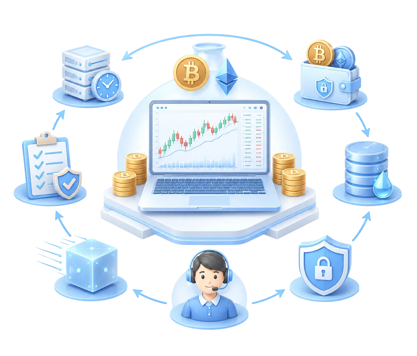 Cryptocurrency exchange development ecosystem illustration with wallet, liquidity, security, and compliance modules