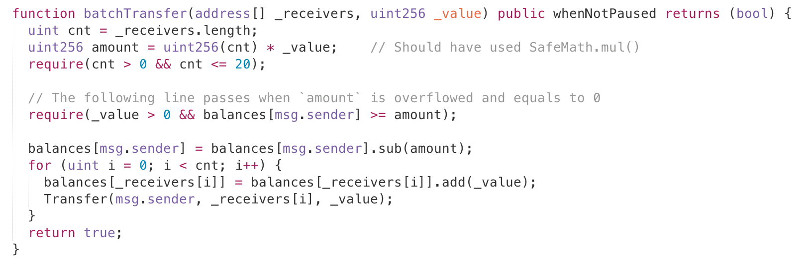 BeautyChain token contract bug