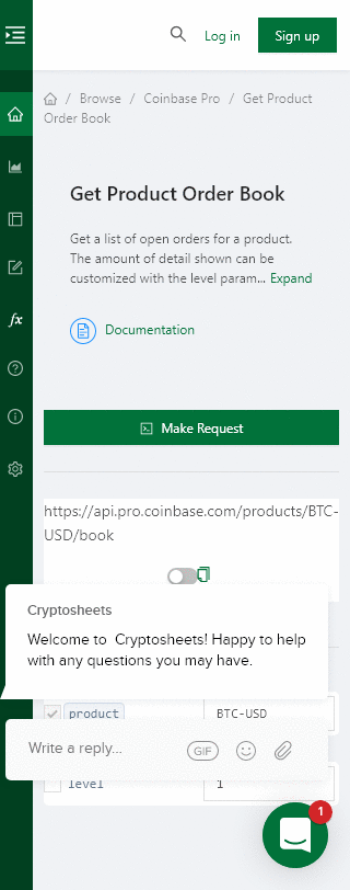 How To Pull Get Product Order Book Data From Coinbase Pro Into Excel And Google Sheets Cryptosheets