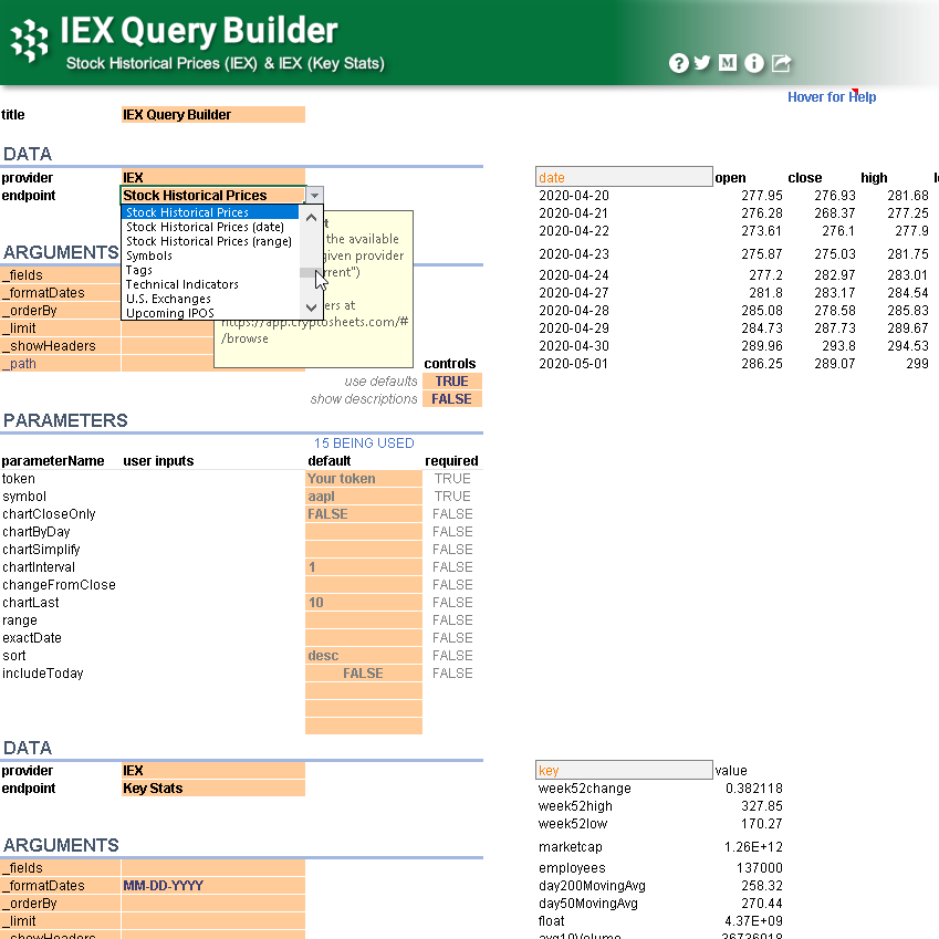 How to use IEX Query Builder spreadsheet template | Cryptosheets