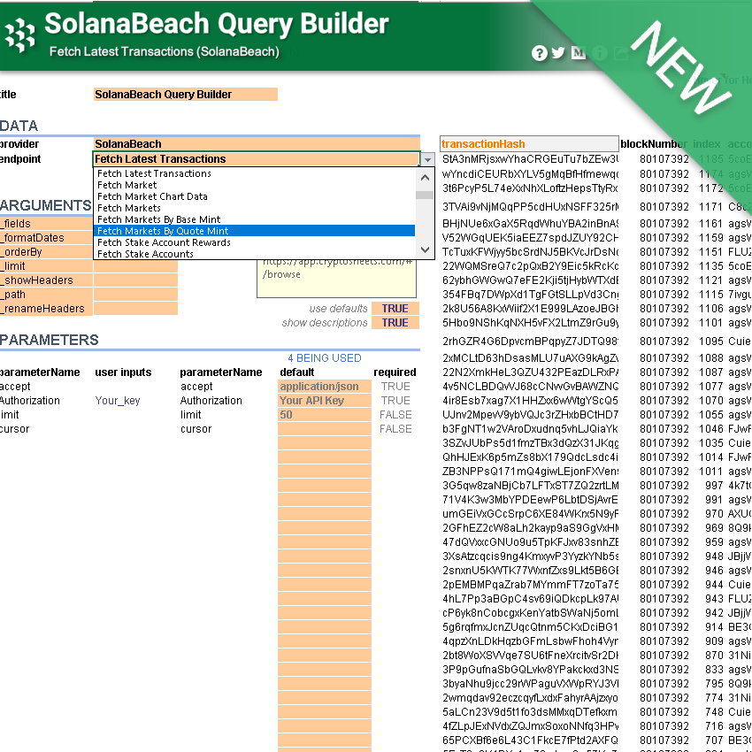 How to use SolanaBeach Query Builder spreadsheet template | Cryptosheets