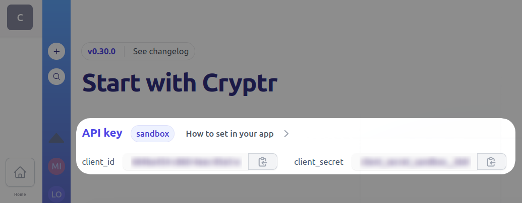 Cryptr Dashboard - Sandbox Key
