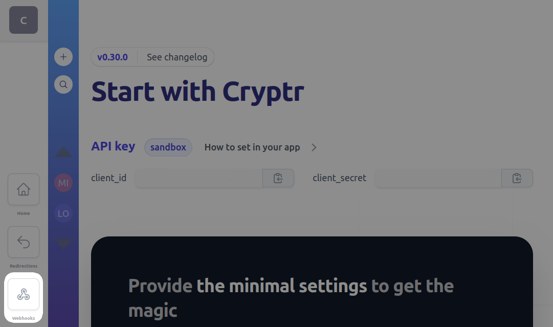 Cryptr Dashboard - Select Webhook