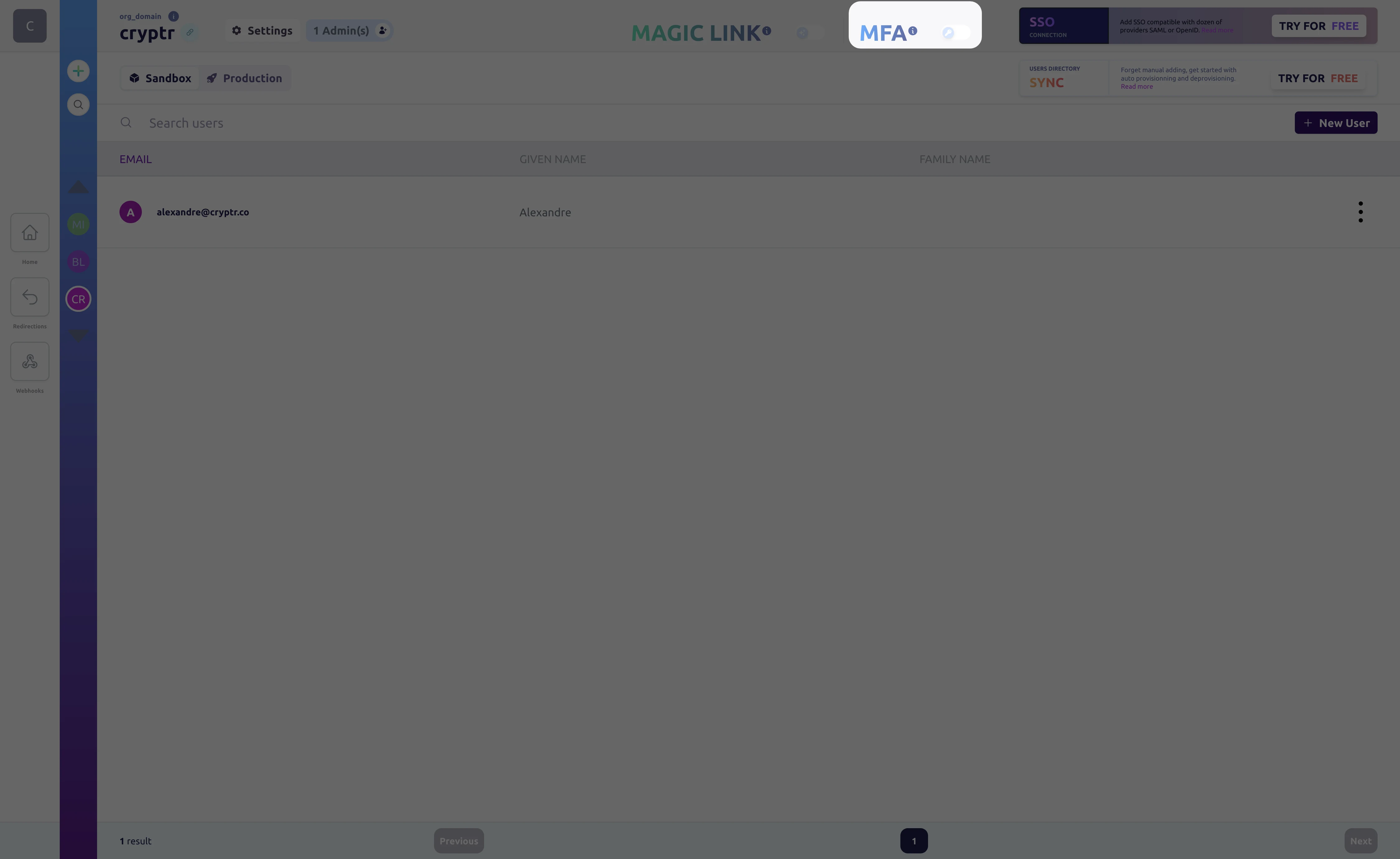 Cryptr Dashboard - Activer une TOTP Connection
