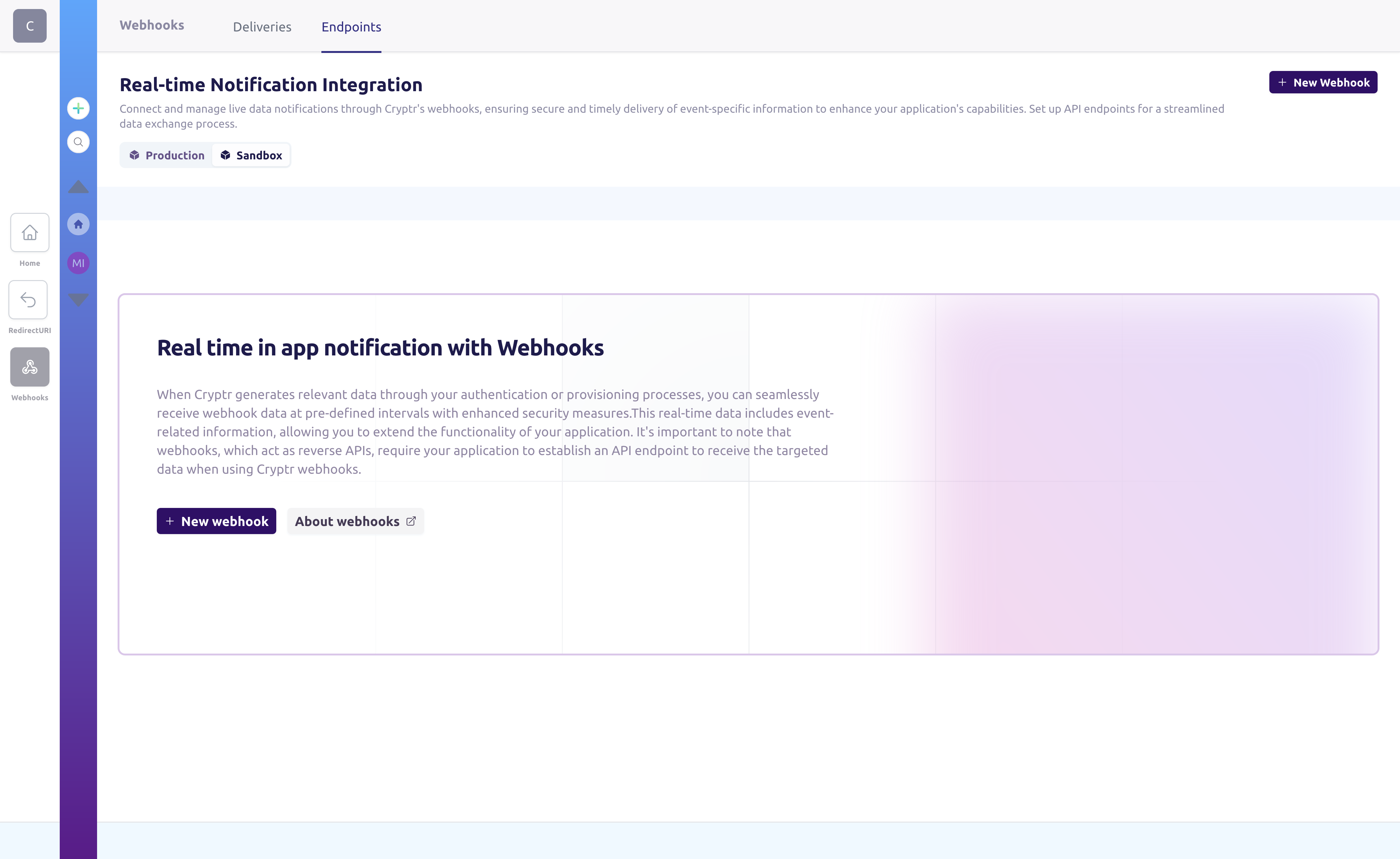 Cryptr Dashboard - Create a Webhook