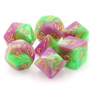 Poly 7 Dice Set: Harlequin's Vow (7) Green/Rose Fusion RPG 16mm Thumb Nail