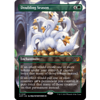 an image of the magic the gathering game piece of the card Doubling Season, whose card art features a white goose with several heads drawn in a cute anime style. The card's text reads as follows: Enchantment. If an effect would create one or more tokens under your control, create twice as many tokens instead. If an effect would create one or more counters on a permanent you control, create twice that many counters on that permanent instead.