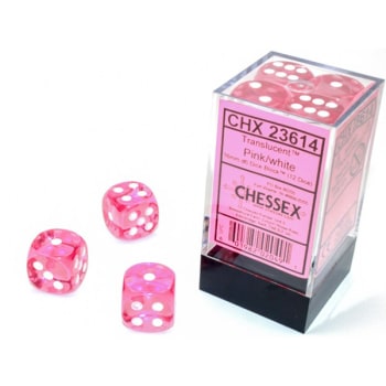 16mm d6 Dice Block: Translucent Pink w/White (12ct.)