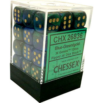 12mm d6 Dice Block: Gemini Blue-Green w/Gold