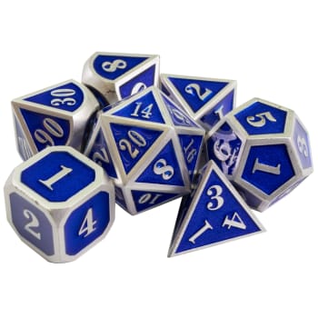 Poly 7 Dice Set: Mini Metal - Silver w/ Blue