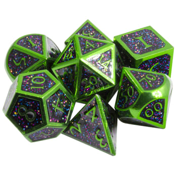 Poly 7 Dice Set: Metal - Green w/ Multi-color Glitter