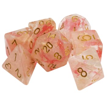 Poly 7 Dice Set: Resin- Apricot and Red Swirl w/ Fine Glitter