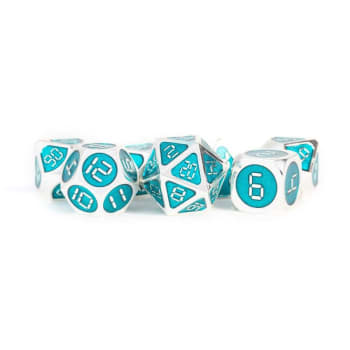 Poly 7 Metal Digital Dice Set: Silver with Teal Enamel (7)