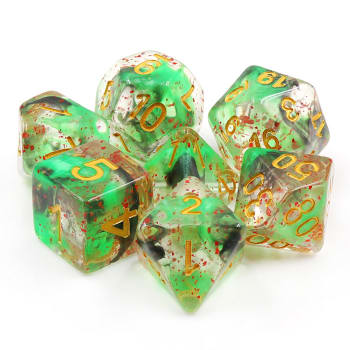 Poly 7 Dice Set: Rolling Dead GRN&BLK Translucent Swirl w/ Red