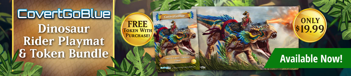 CovertGoBlue Dinosaur Rider Playmat available now! Get a free Dinosaur Rider token with each purchase!