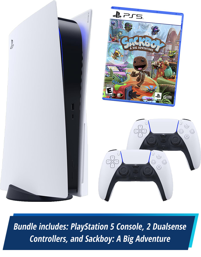 Bundle Includes: PlayStation 5, 2 Dualsense Controllers, and Sackbooy: A Big Adventure