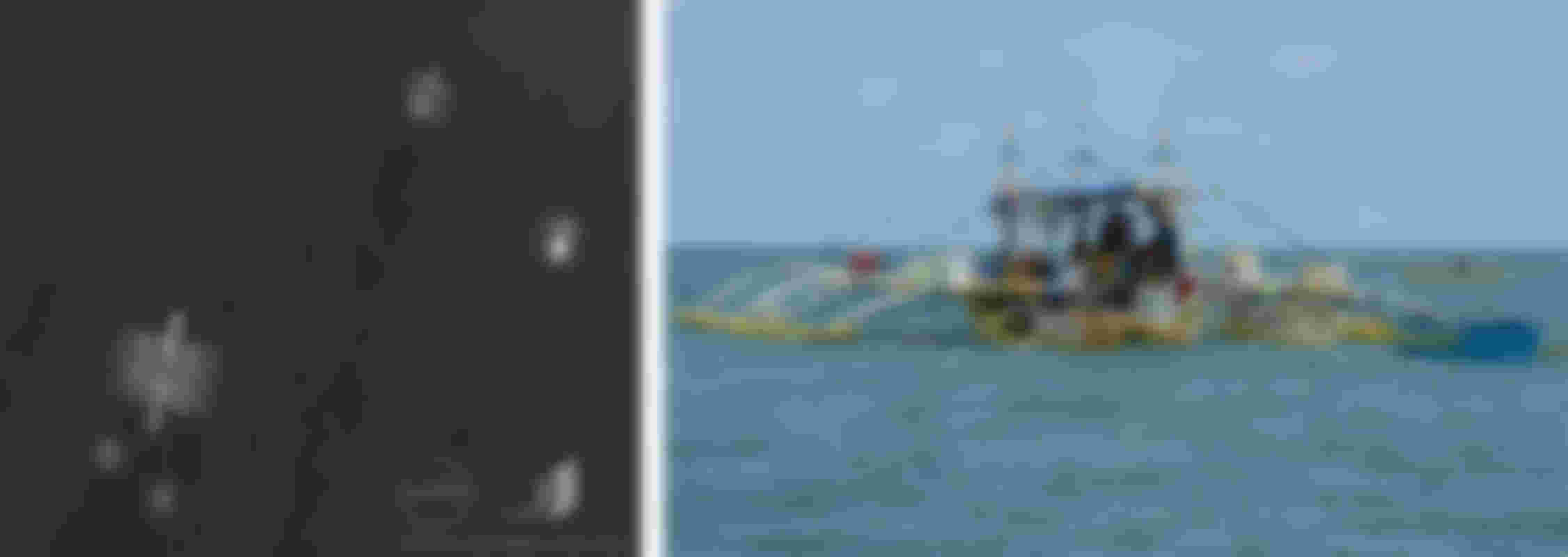 LEFT: Filipino bancas near Scarborough Shoal on March 1, 2017. RIGHT: A Filipino banca near Infanta, Pangasinan province in June 2016.
