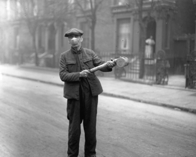 A man preparing 'Anti-flu' spray for buses of the London General Omnibus Co, London, 2nd March 1920.