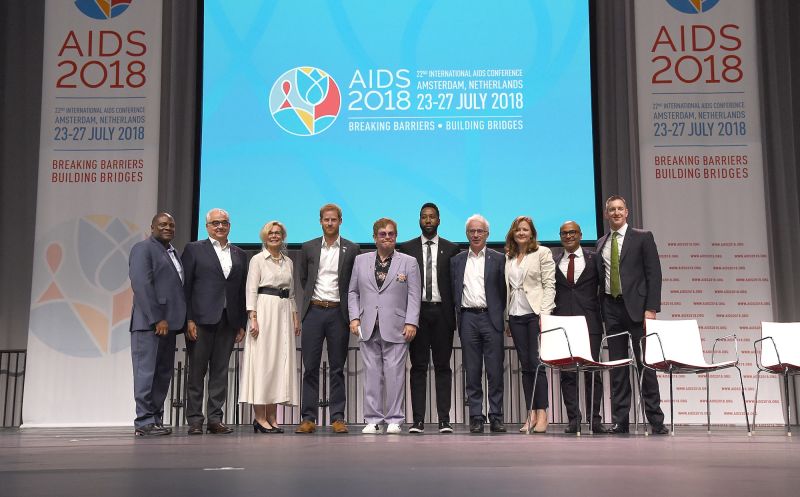 Doug Brooks, Senior Director for Community Engagement, Gilead Sciences, Paul Stoffels, Vice Chairman and Chief Scientific Officer, Johnson & Johnson, Ambassador Deborah L. Birx, U.S.ÊGlobal AIDS Coordinator & U.S. Special Representative for Global Health Diplomacy, Prince Harry, Duke of Sussex, Sir Elton John, Ndaba Mandela, Peter Sands, Executive Director, Global Fund, Anne Aslett, Executive Director, EJAF, Robert Matiru, Director of Operations, UNITAID, and Miles Kemplay, Executive Director, Adolescence, CIFF attend the Launch of the Menstar Coalition To Promote HIV Testing & Treatment of Men on July 24, 2018 in Amsterdam, Netherlands.