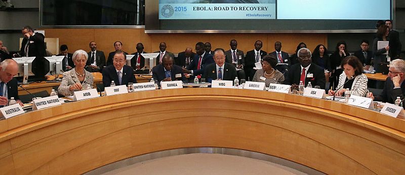 WASHINGTON, DC - APRIL 17: World Bank Group President Jim Kim (C) leads a meeting with finance and development ministers and international partners and Guinea President Alpha Conde, Liberia President Ellen Johnson Sirleaf and Sierra Leone President Ernest Bai Karoma about the ongoing efforts to recover from the Ebola outbreak in West Africa during the World Bank- International Monetary Fund Spring Meetings April 17, 2015 in Washington, DC. The World Bank announced Friday that it would provide an additional US$650 million over the next year to help Guinea, Liberia and Sierra Leone to recover from the social, economic and health impact of the Ebola crisis.