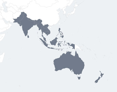 Countries included in the Southbound Policy: the ten countries of ASEAN, six states in South Asia (Bangladesh, Bhutan, India, Nepal, Pakistan, and Sri Lanka), Australia, and New Zealand.