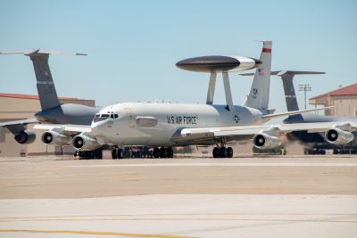 An E-3 Sentry Airborne Warning and Control System aircraft departs July 11, 2019, at Travis Air Force Base, California. ([Photo](https://www.dvidshub.net/image/5583712/busy-flight-line) by Heide Couch, 60th Air Mobility Wing Public Affairs, U.S. Air Force)