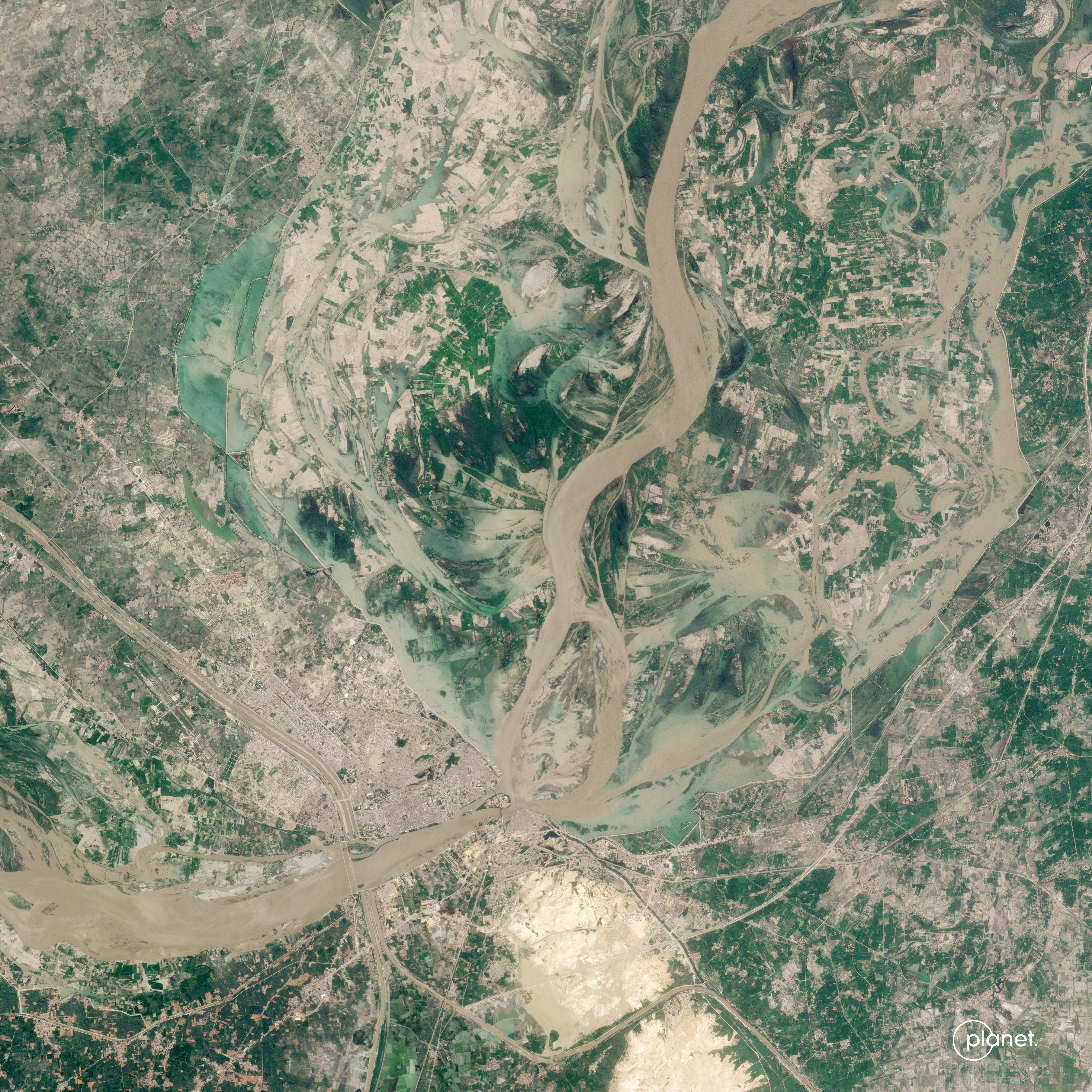 Satellite image of Indus River near Sukkur, Sindh, Pakistan, on 8/2/22