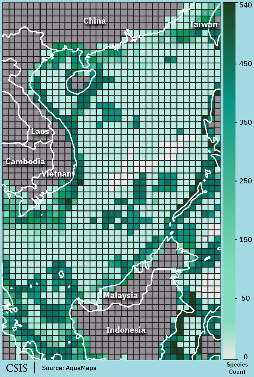 heatmap showing biodiversity of hard coral in South China Sea