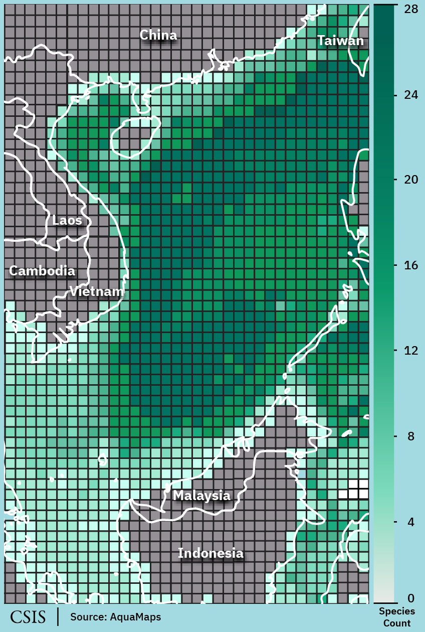 heatmap showing biodiversity of mammals in the South China Sea