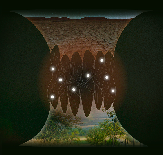 AI decision network over cracked earth transitioning to lush landscape