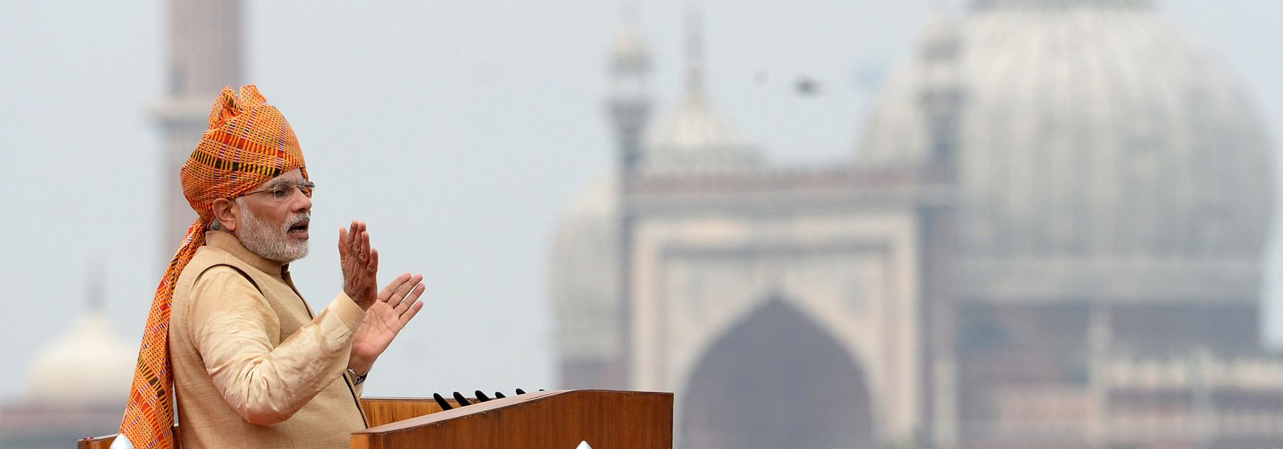 Prime Minister Narendra Modi gestures as he delivers his Independence Day speech from The Red Fort in New Delhi on August 15, 2015. (PRAKASH SINGH/AFP/Getty Images) Prime Minister Narendra Modi gestures as he delivers his Independence Day speech from The Red Fort in New Delhi on August 15, 2015. (PRAKASH SINGH/AFP/Getty Images)